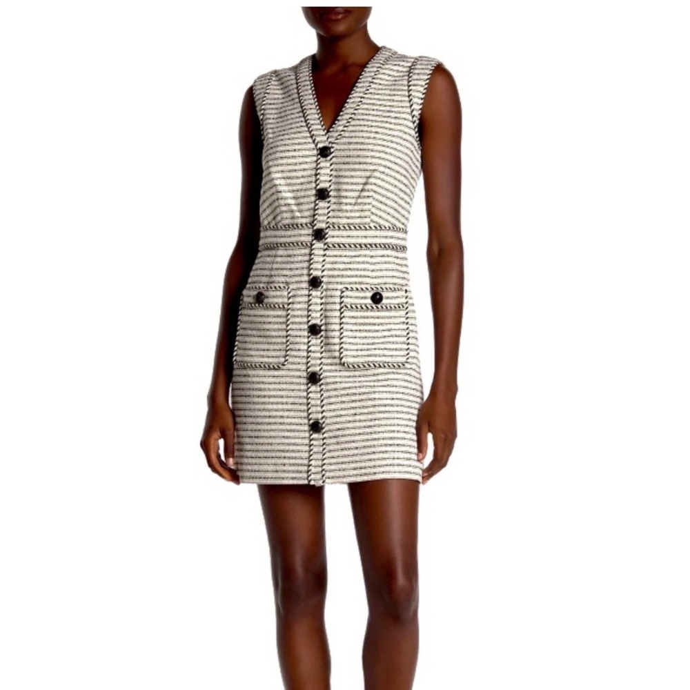 Veronica Beard Kama Tweed Sheath Dress Size 4 White Black Stripe Sleeveless Mini